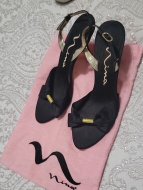 Nina Black Satin Bow Slingback Heels with Gold Trim